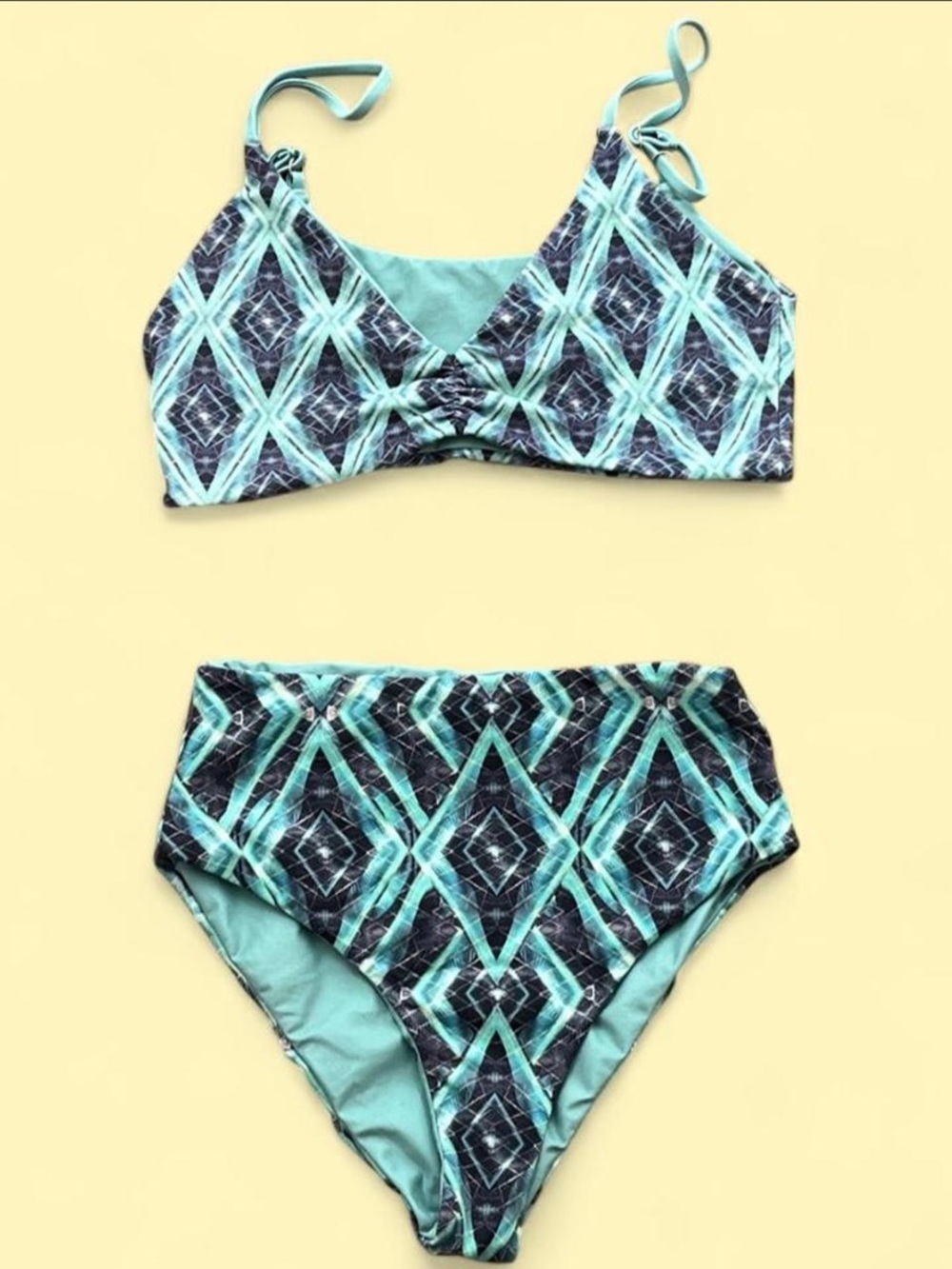 Wolven Reversible Aqua and Black Geometric High-Waist Bikini